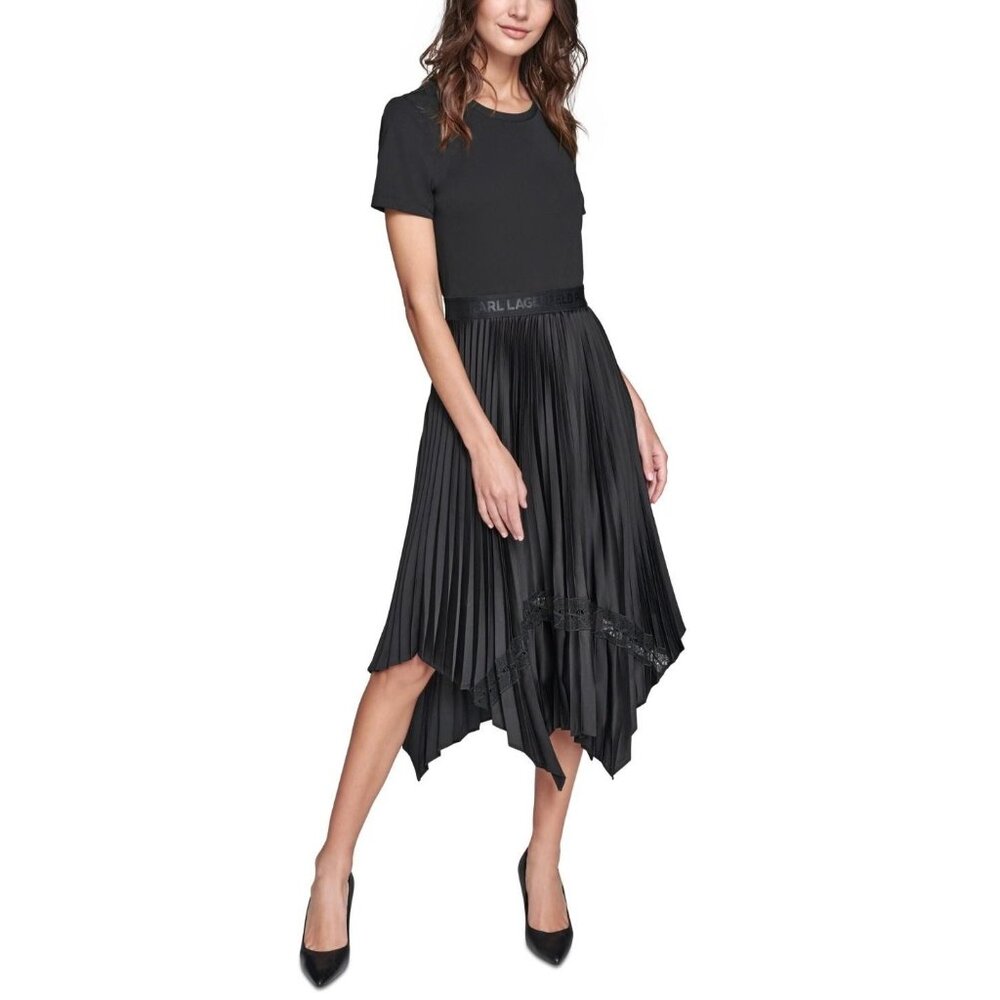 Karl Lagerfeld Paris Dress Womens Size M Black Pleated T-Shirt Fit & Flare $159